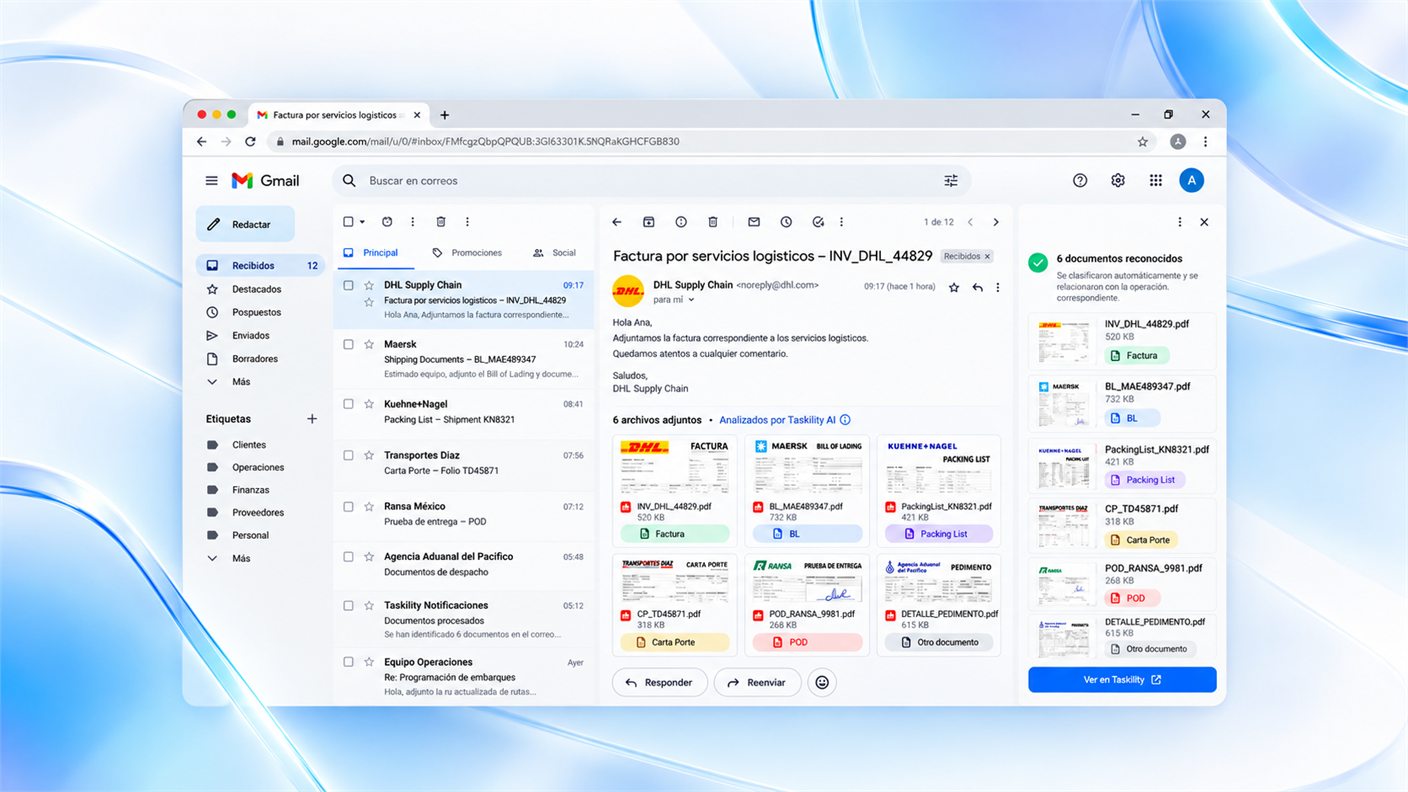Correo en Gmail con 6 documentos adjuntos clasificados automáticamente por Taskility: factura, BL, packing list, Carta Porte, POD y otro documento
