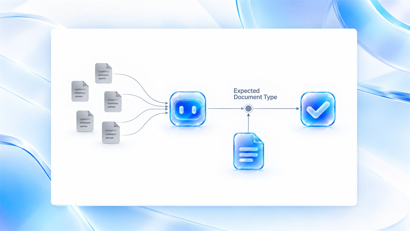 Diagrama: el agente de IA recibe varios documentos, los compara con el tipo de documento esperado para la operación y los marca como validados