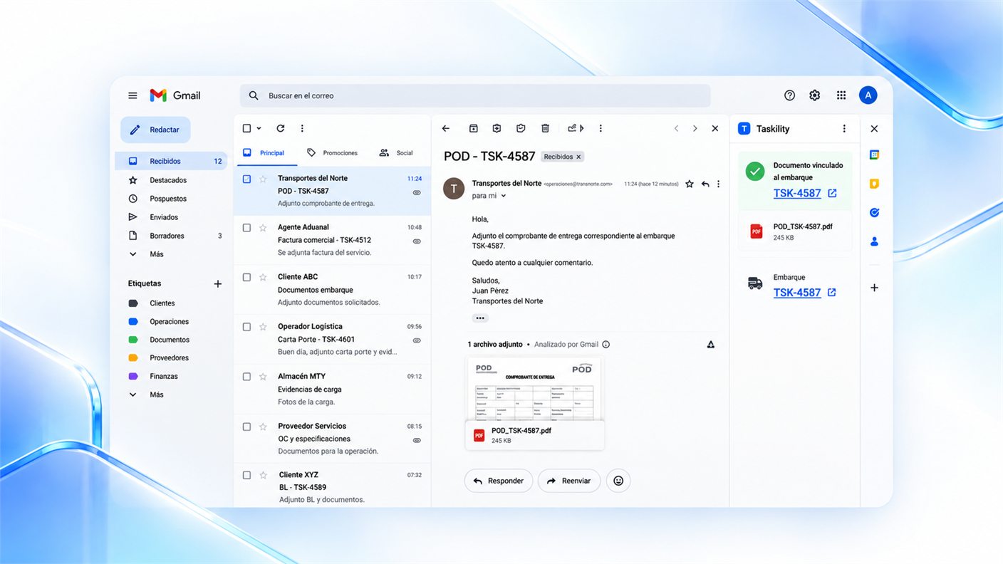 Correo en Gmail con el panel de Taskility: documento POD vinculado automáticamente al embarque TSK-4587